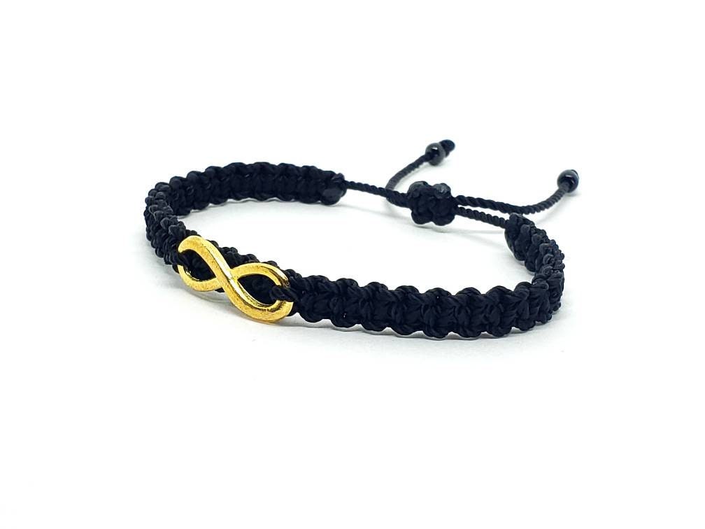 infinity bracelet, braided black string wristband, gold tone infinity charm braided bracelet adjustable for man & woman