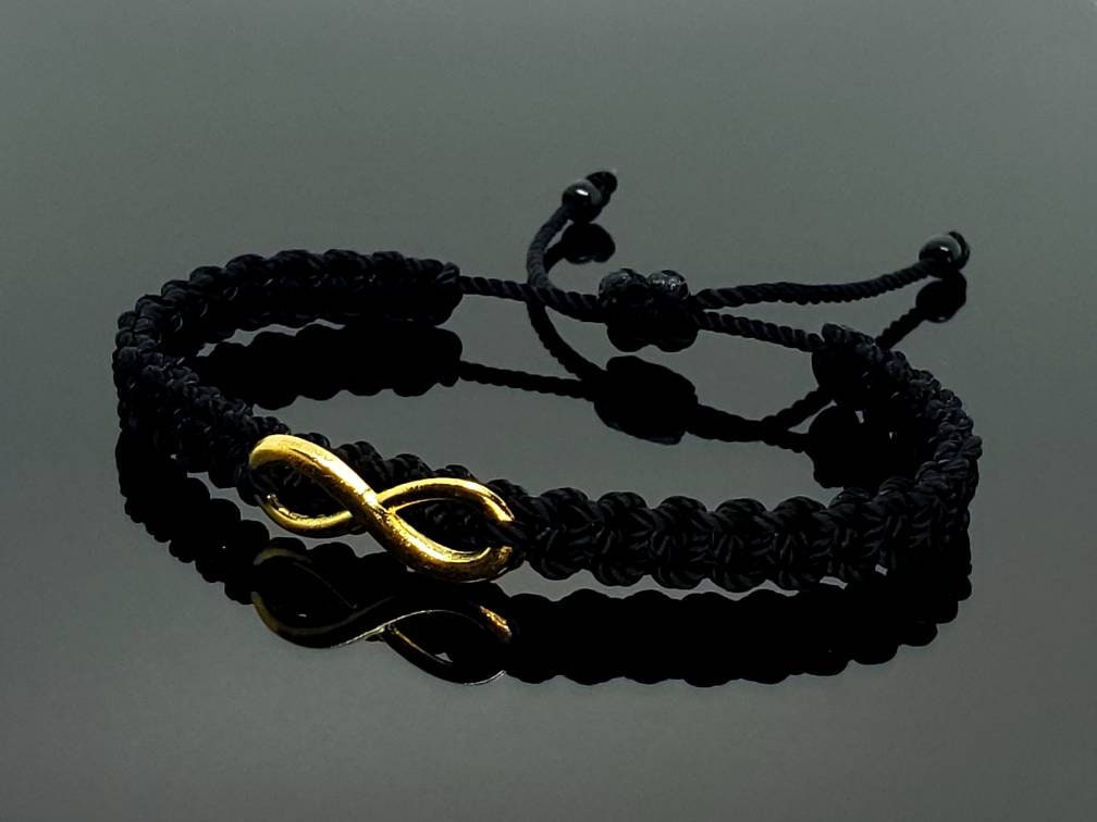 infinity bracelet, braided black string wristband, gold tone infinity charm braided bracelet adjustable for man & woman