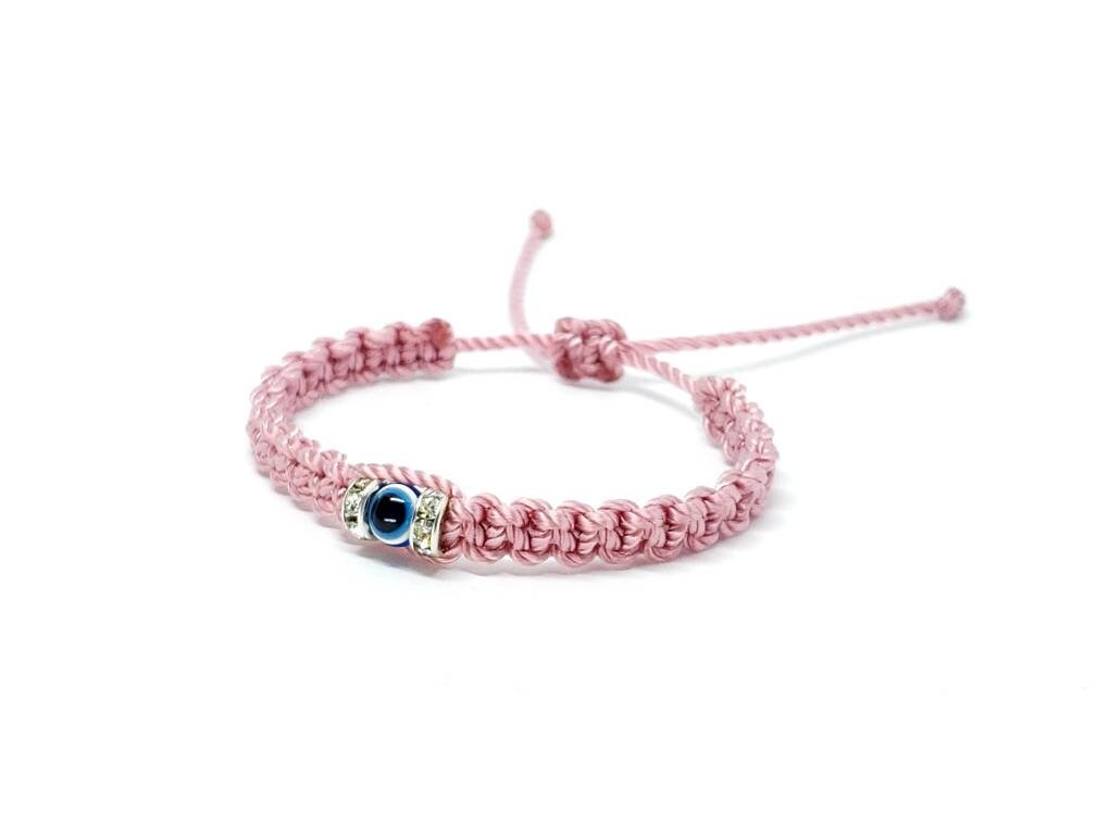 Kids size Evil eye amulet, good luck braided bracelet, good luck pink string wristband for kids, evil eye protection, good luck charm