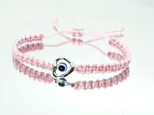 evil eye bracelet, pink string evil eye protection wristband, good luck braided bracelet, baby pink string bracelet adjustable