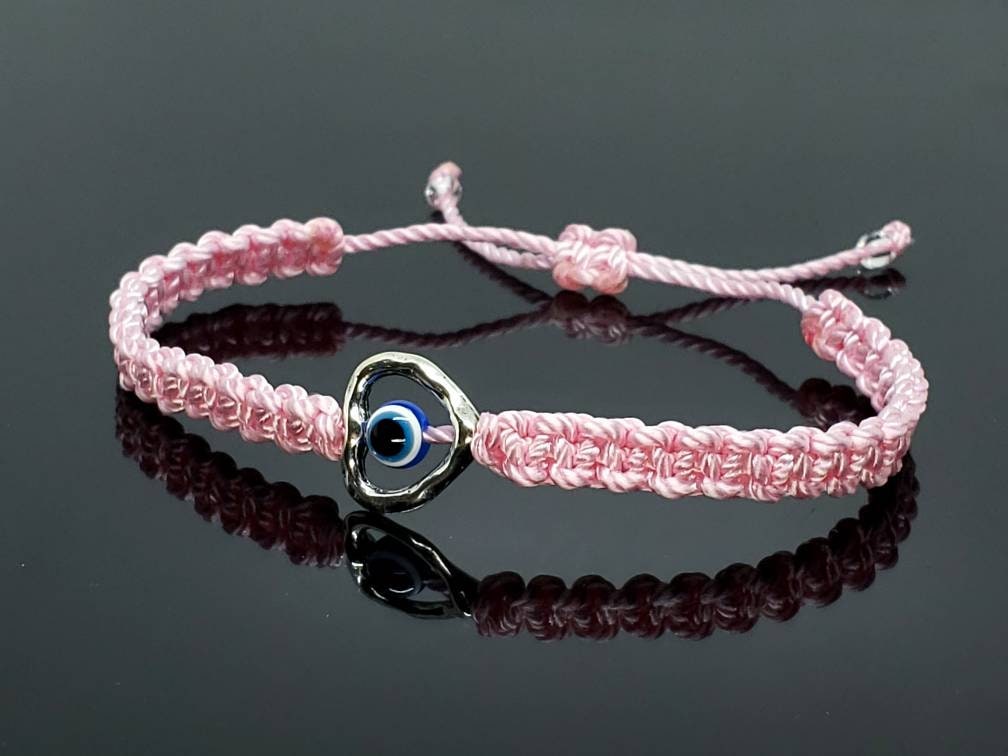 evil eye bracelet, pink string evil eye protection wristband, good luck braided bracelet, baby pink string bracelet adjustable