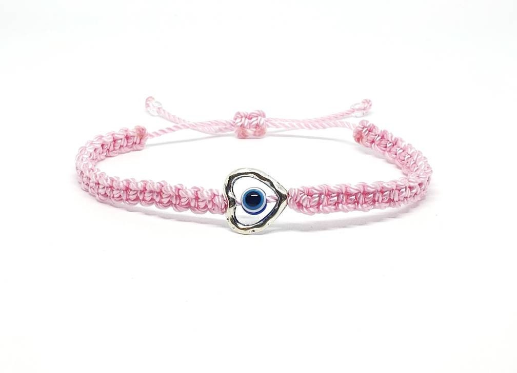 evil eye bracelet, pink string evil eye protection wristband, good luck braided bracelet, baby pink string bracelet adjustable