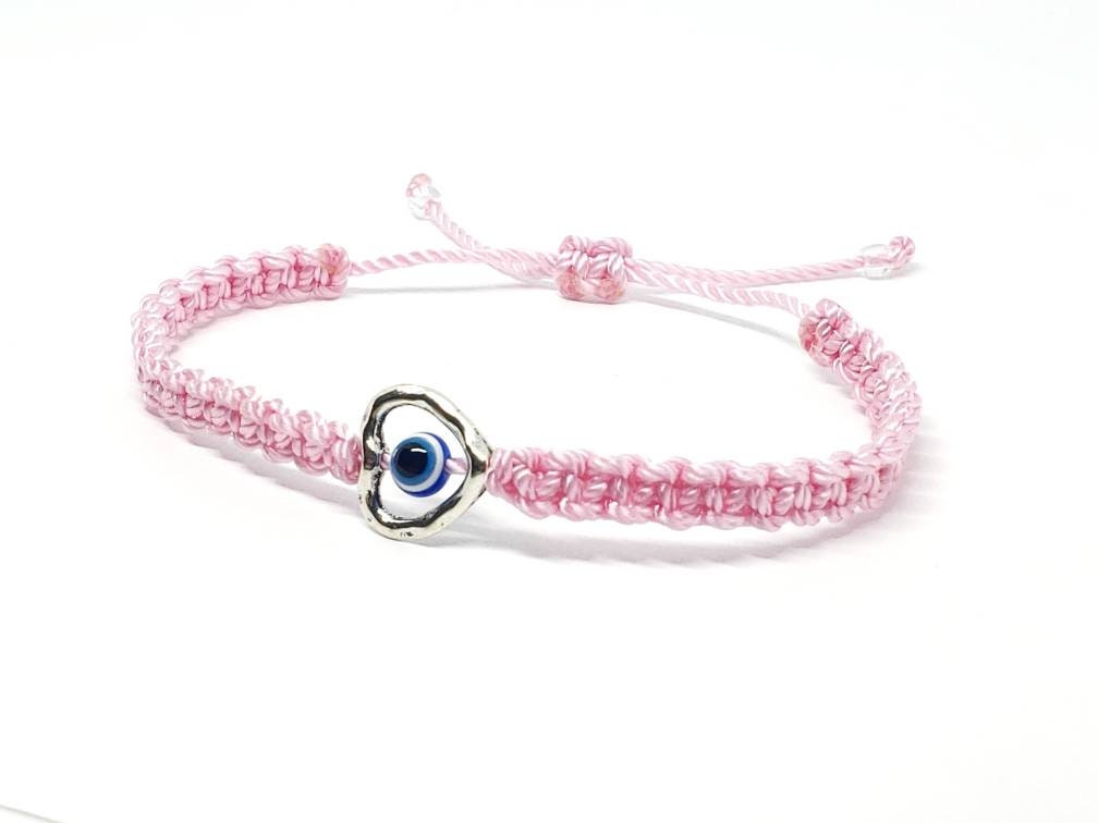 evil eye bracelet, pink string evil eye protection wristband, good luck braided bracelet, baby pink string bracelet adjustable