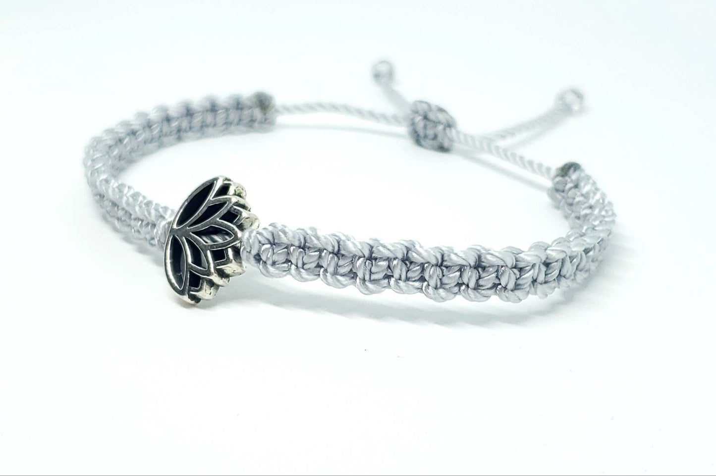 Lotus flower bracelet, silver string braided bracelet silver color lotus flower charm & silver string, silver string braided lotus wristband