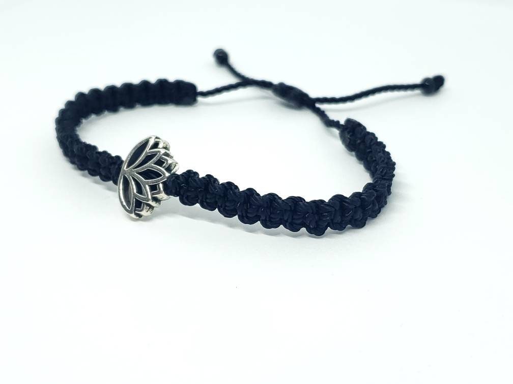 Lotus flower bracelet, black string braided bracelet, silver color lotus flower charm, new, adjustable for man & woman