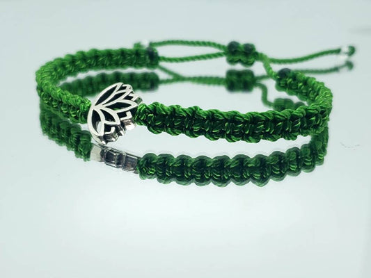 Lotus flower bracelet, green string braided bracelet, silver color lotus flower charm, new, adjustable for man & woman, unisex bracelet