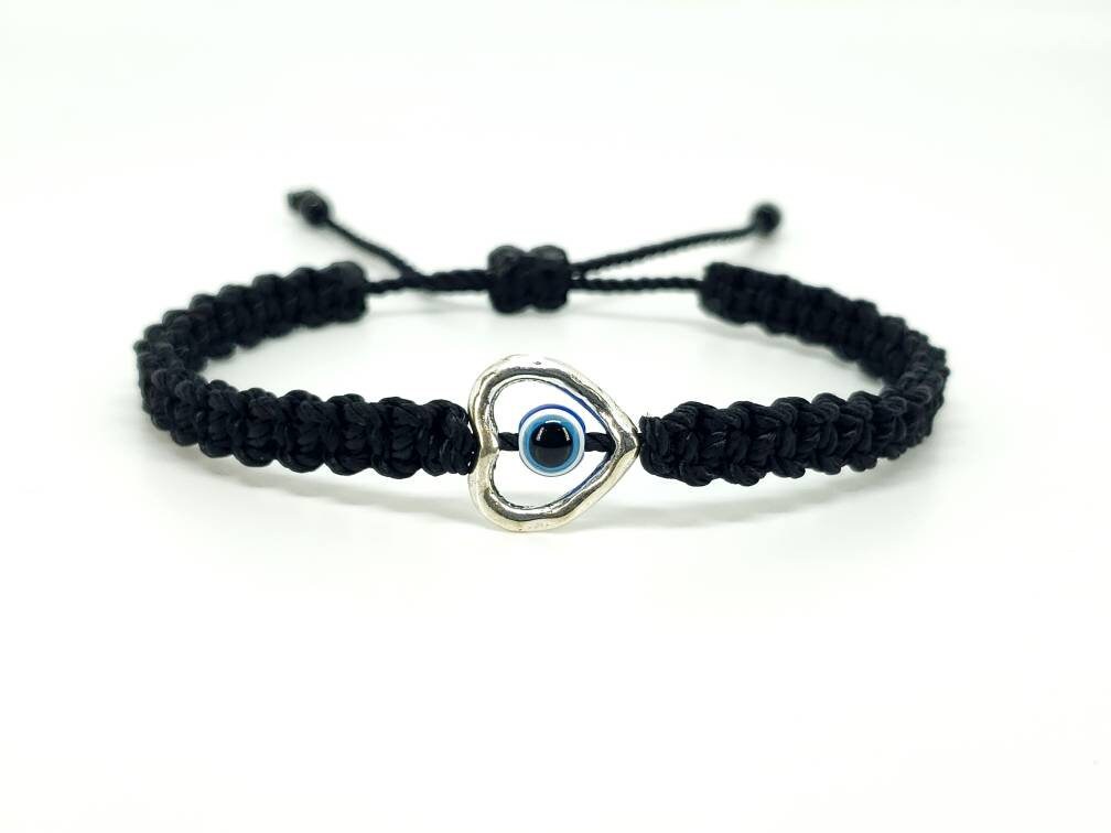 Evil eye good luck bracelet, evil eye protection amulet, black string wristband, black braided evil eye bracelet, adjustable for man & woman