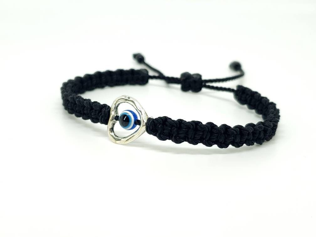 Evil eye good luck bracelet, evil eye protection amulet, black string wristband, black braided evil eye bracelet, adjustable for man & woman