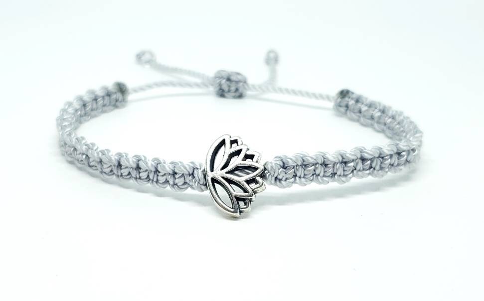 Lotus flower bracelet, silver string braided bracelet silver color lotus flower charm & silver string, silver string braided lotus wristband