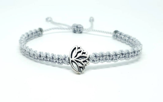 Lotus flower bracelet, silver string braided bracelet silver color lotus flower charm & silver string, silver string braided lotus wristband