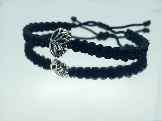 Lotus flower bracelet, black string braided bracelet, silver color lotus flower charm, new, adjustable for man & woman