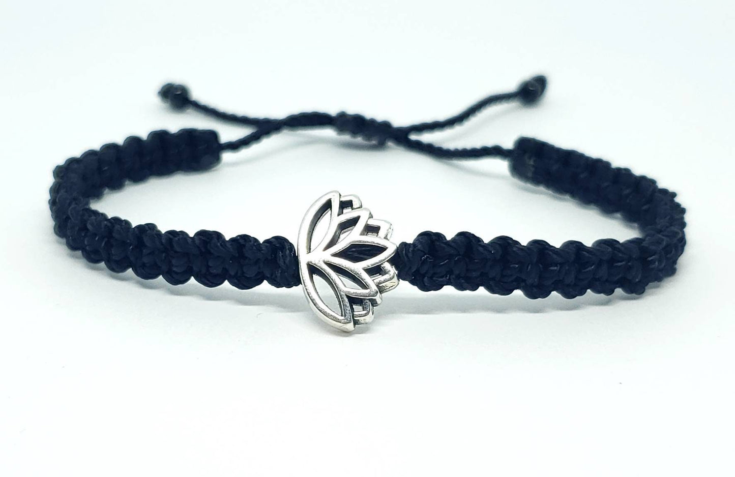 Lotus flower bracelet, black string braided bracelet, silver color lotus flower charm, new, adjustable for man & woman