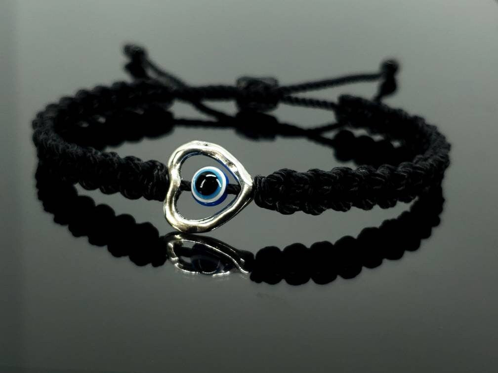 Evil eye good luck bracelet, evil eye protection amulet, black string wristband, black braided evil eye bracelet, adjustable for man & woman