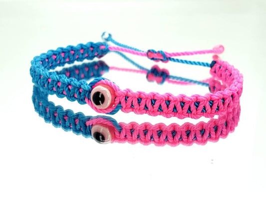 Beautiful two color evil eye protection bracelet blue & neon pink braided wristband, adjustable protection bracelet for man and woman