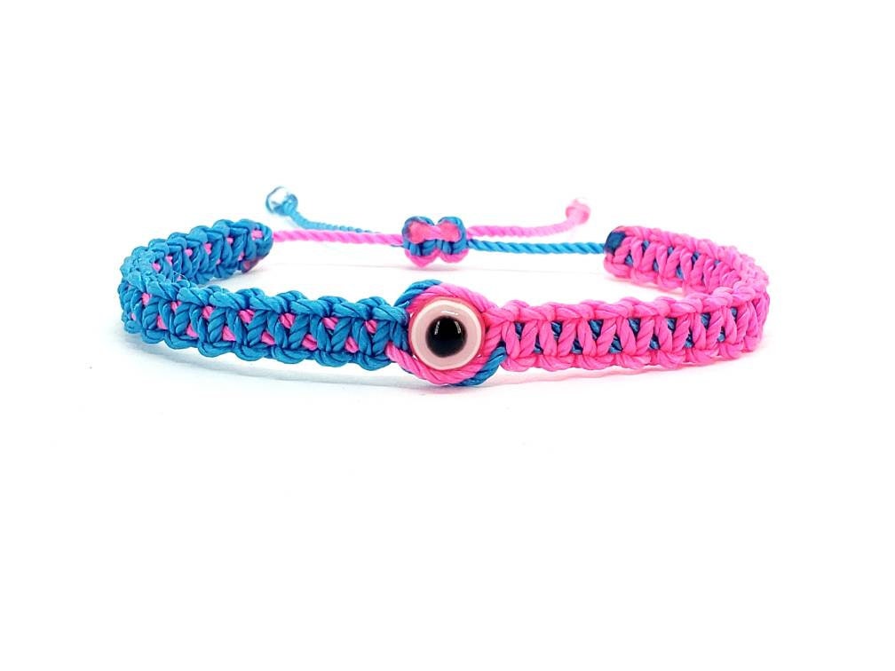 Beautiful two color evil eye protection bracelet blue & neon pink braided wristband, adjustable protection bracelet for man and woman