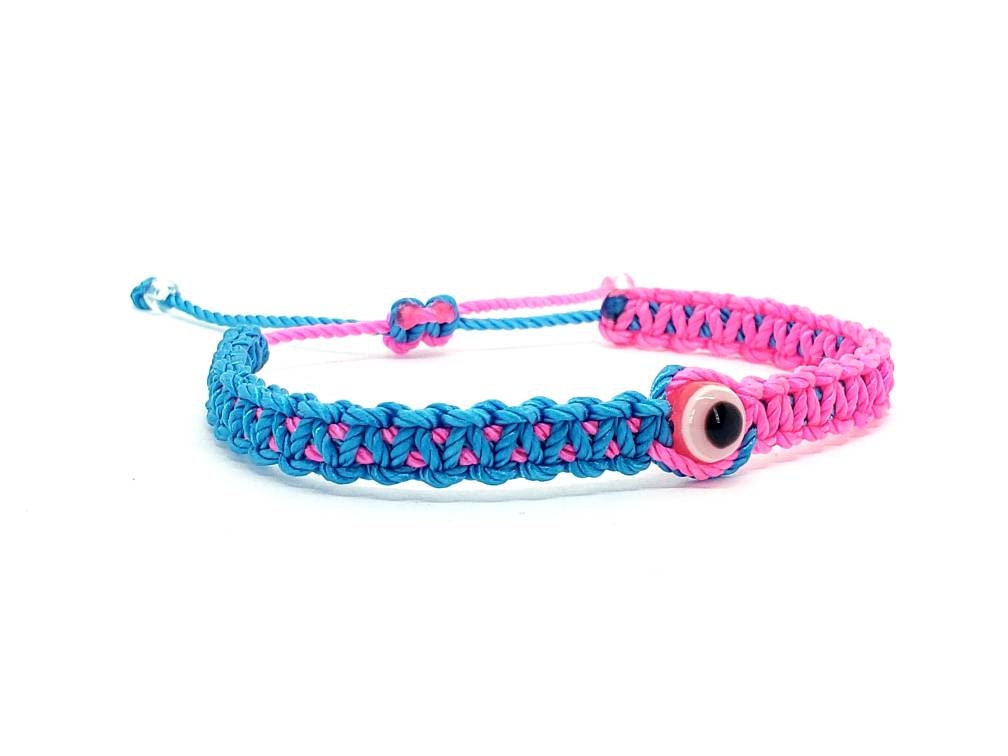 Beautiful two color evil eye protection bracelet blue & neon pink braided wristband, adjustable protection bracelet for man and woman