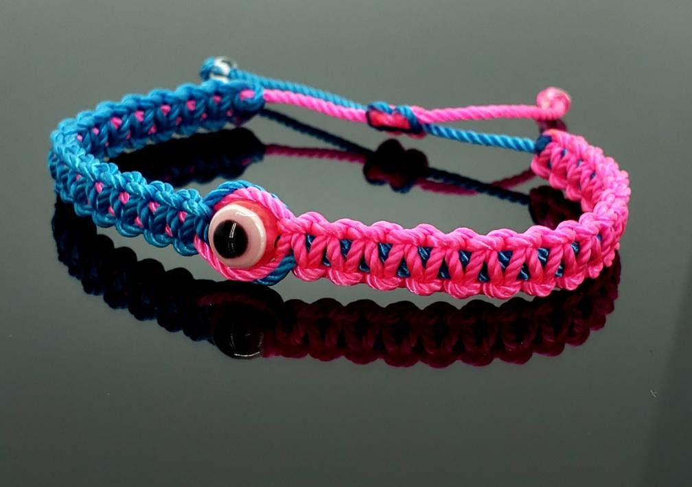 Beautiful two color evil eye protection bracelet blue & neon pink braided wristband, adjustable protection bracelet for man and woman