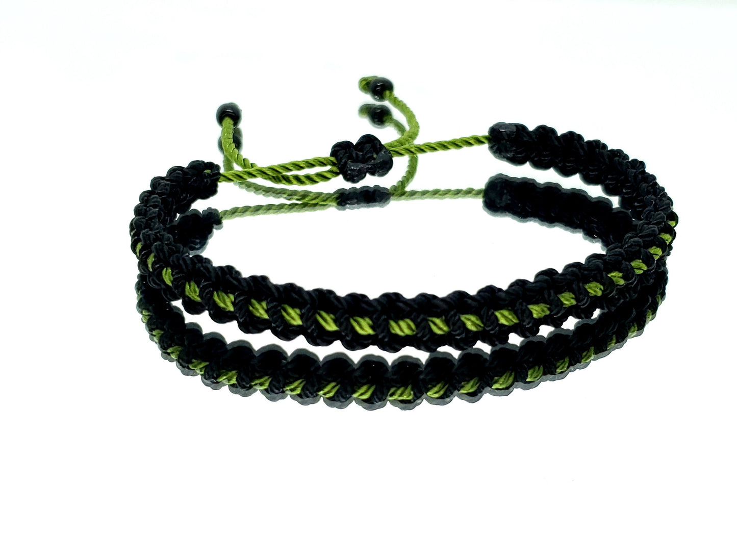 thin green line bracelet, Black braided bracelet with a green Line, adjustable wristband -new -handmade -for man & woman