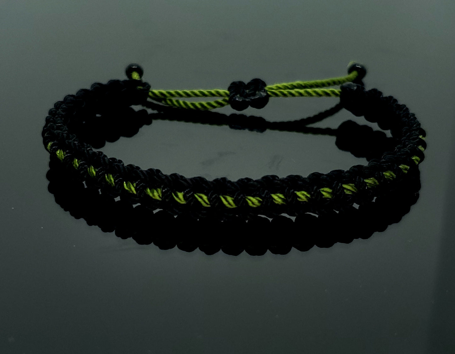 thin green line bracelet, Black braided bracelet with a green Line, adjustable wristband -new -handmade -for man & woman