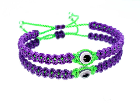 evil eye protection bracelet, purple & neon green  braided wristband, adjustable protection bracelet for man and woman