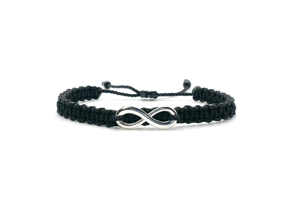 infinity bracelet, braided black string wristband, silver tone infinity charm braided bracelet for man & woman