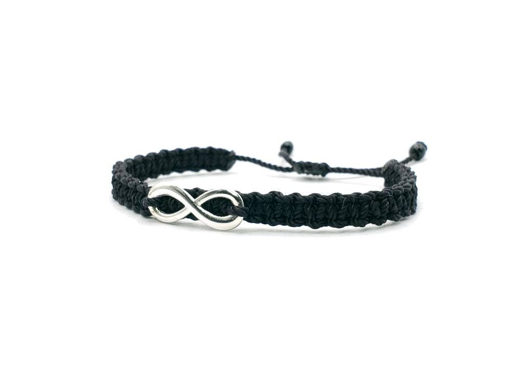 infinity bracelet, braided black string wristband, silver tone infinity charm braided bracelet for man & woman