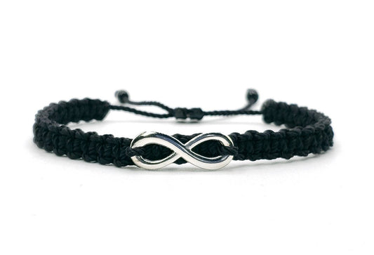 infinity bracelet, braided black string wristband, silver tone infinity charm braided bracelet for man & woman