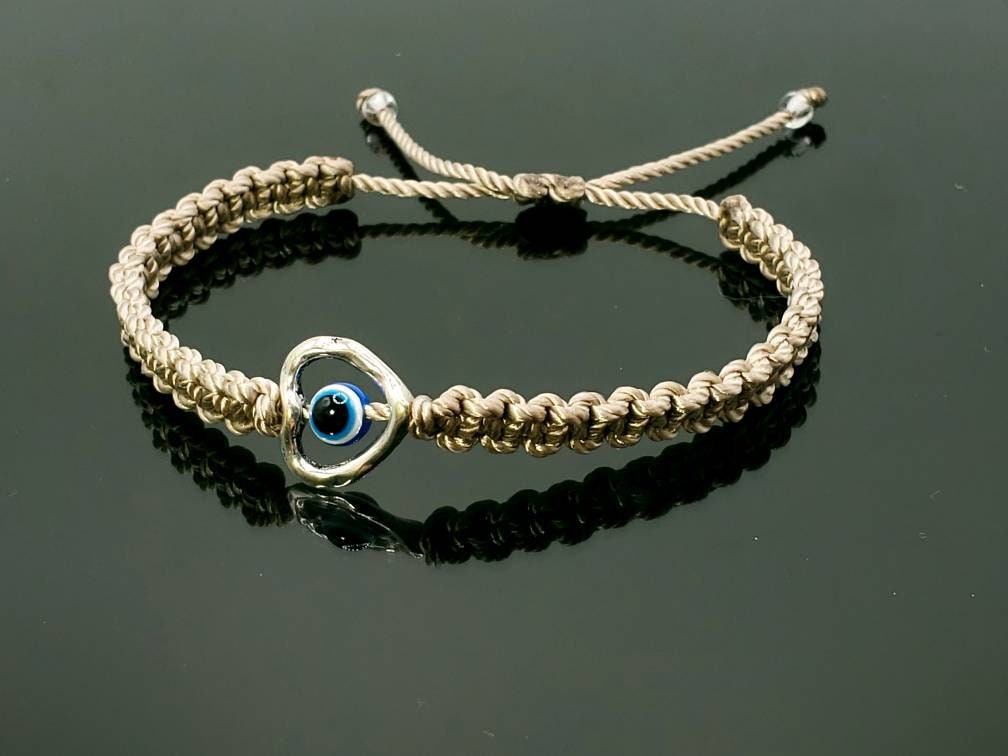 evil eye bracelet, beige string evil eye protection wristband, good luck braided bracelet, adjustable for man and woman