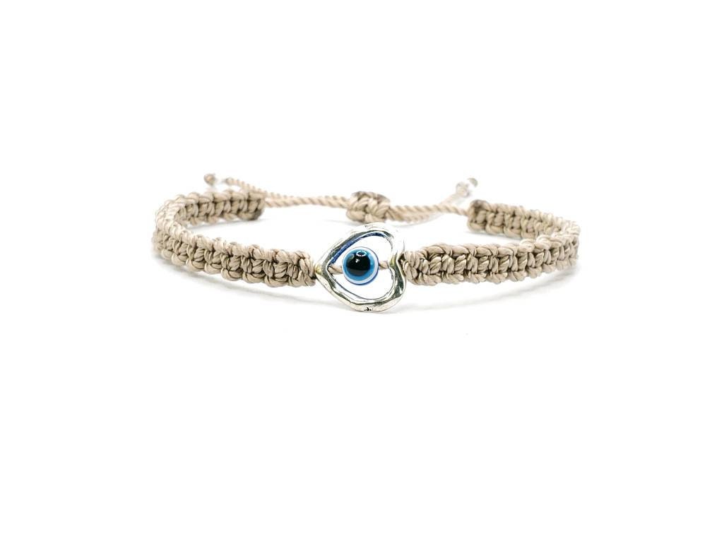 evil eye bracelet, beige string evil eye protection wristband, good luck braided bracelet, adjustable for man and woman