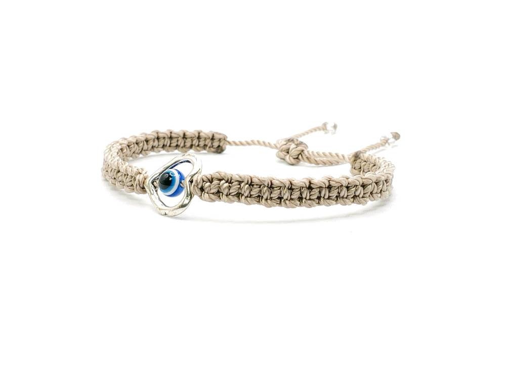 evil eye bracelet, beige string evil eye protection wristband, good luck braided bracelet, adjustable for man and woman