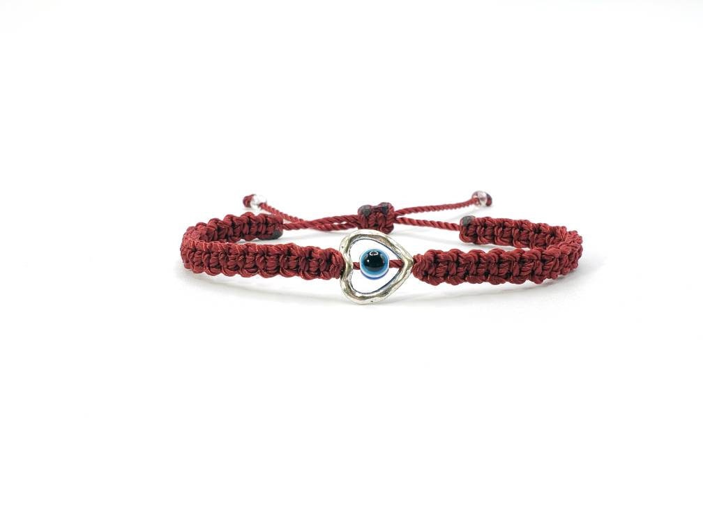 evil eye bracelet, burgundy string evil eye protection wristband, good luck braided bracelet, adjustable for man and woman