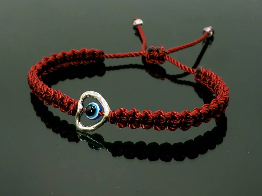 evil eye bracelet, burgundy string evil eye protection wristband, good luck braided bracelet, adjustable for man and woman