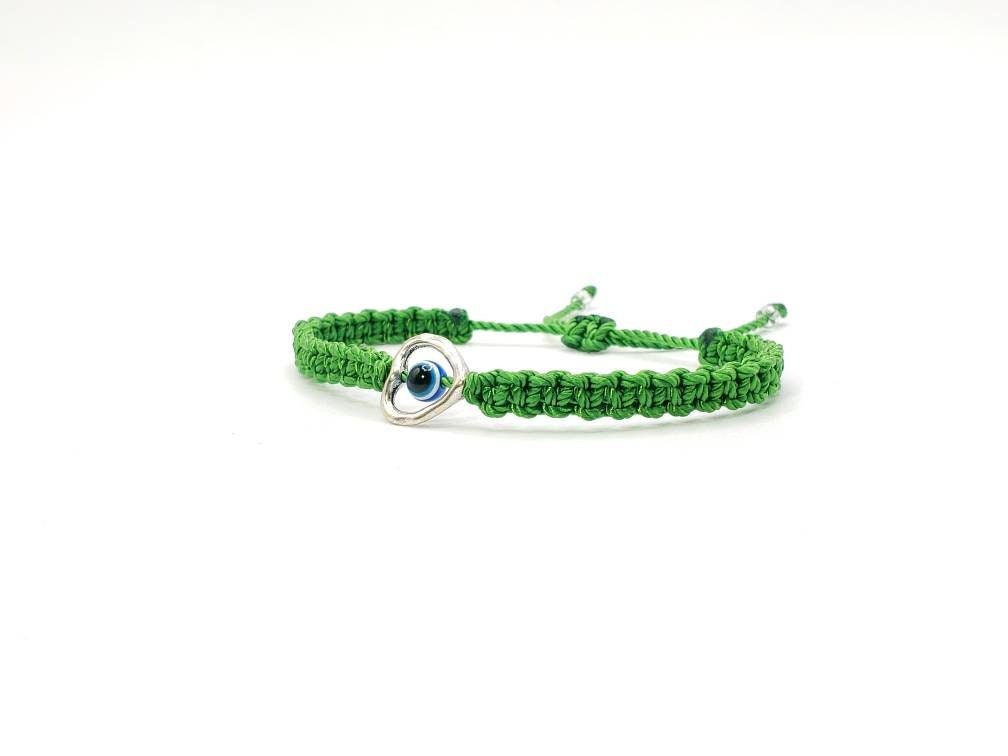 evil eye bracelet, green string evil eye protection wristband, good luck braided bracelet, adjustable for man and woman