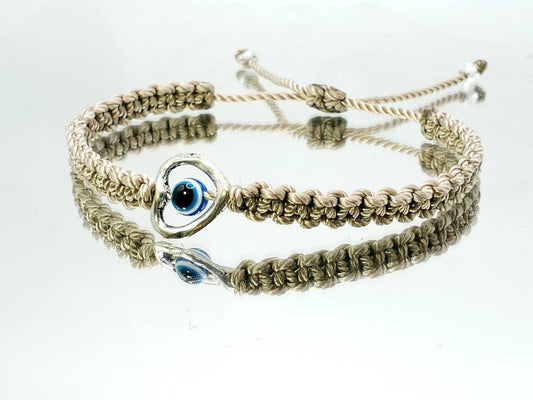 evil eye bracelet, beige string evil eye protection wristband, good luck braided bracelet, adjustable for man and woman