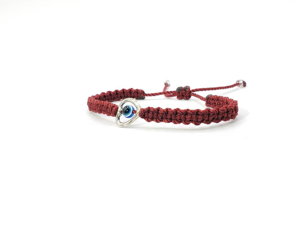 evil eye bracelet, burgundy string evil eye protection wristband, good luck braided bracelet, adjustable for man and woman