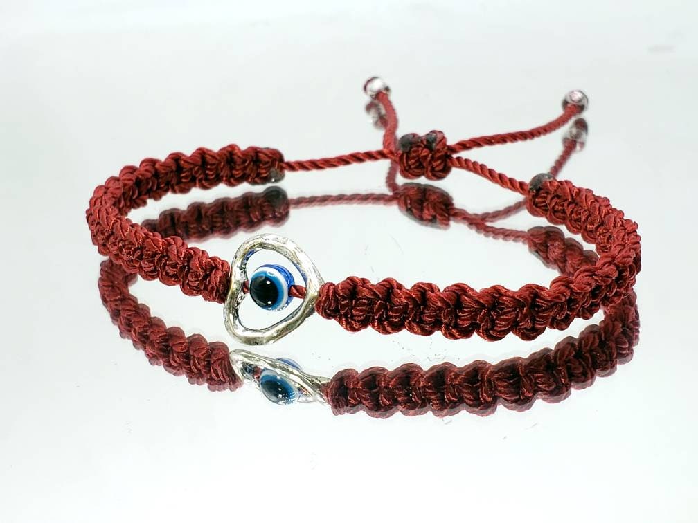 evil eye bracelet, burgundy string evil eye protection wristband, good luck braided bracelet, adjustable for man and woman