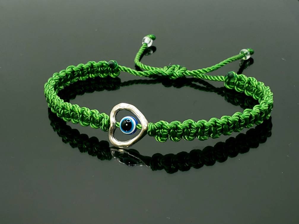 evil eye bracelet, green string evil eye protection wristband, good luck braided bracelet, adjustable for man and woman