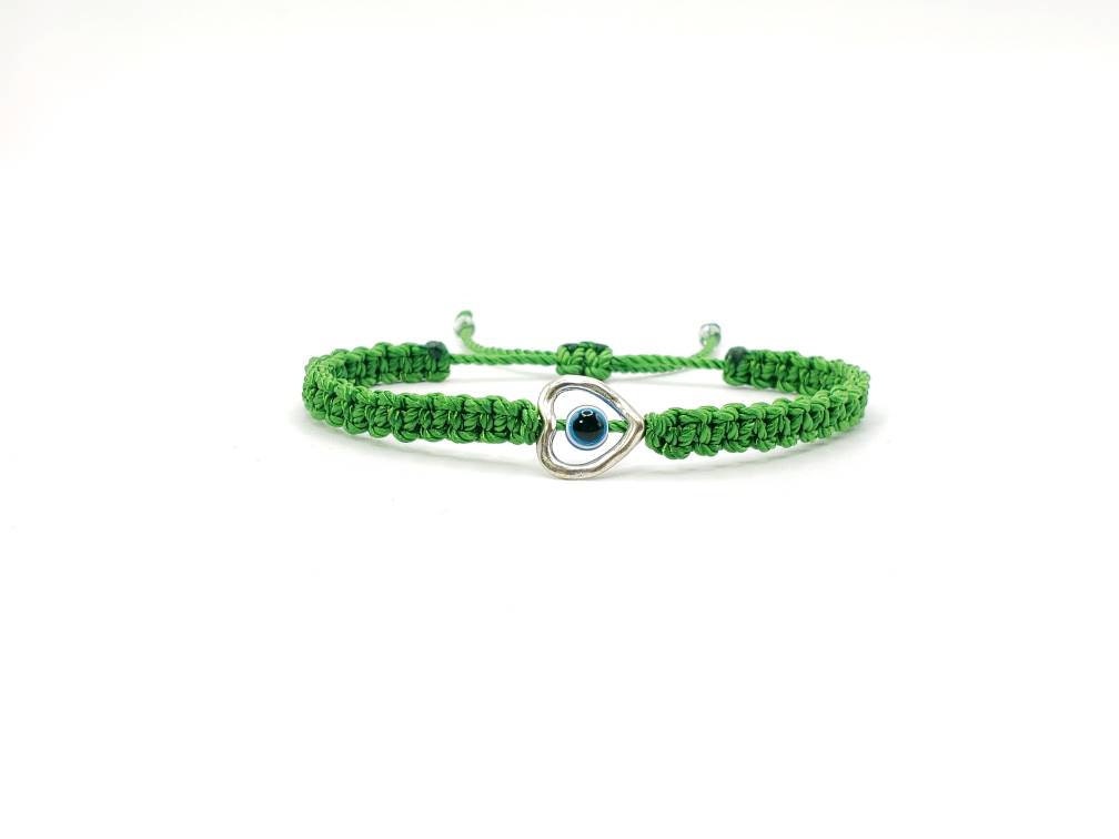 evil eye bracelet, green string evil eye protection wristband, good luck braided bracelet, adjustable for man and woman