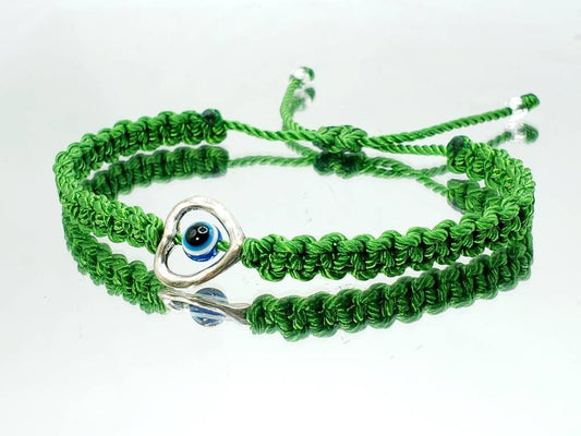 evil eye bracelet, green string evil eye protection wristband, good luck braided bracelet, adjustable for man and woman