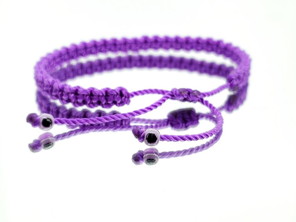 evil eye bracelet purple color string, braided evil eye protection bracelet, adjustable, good luck charm for man & woman