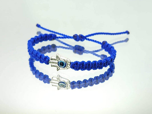 Kids size Hamsa hand royal blue string bracelet, for happiness, luck, health, and good fortune, good luck and evil eye protection for kids