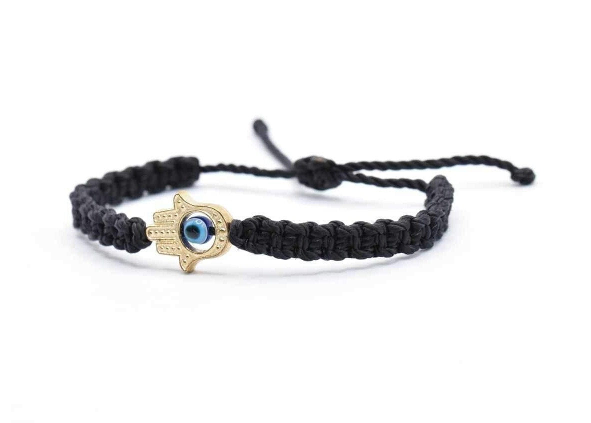 Hamsa hand bracelet with an evil eye for protection & good luck, braided black string wristband with a gold color hamsa hand adjustable