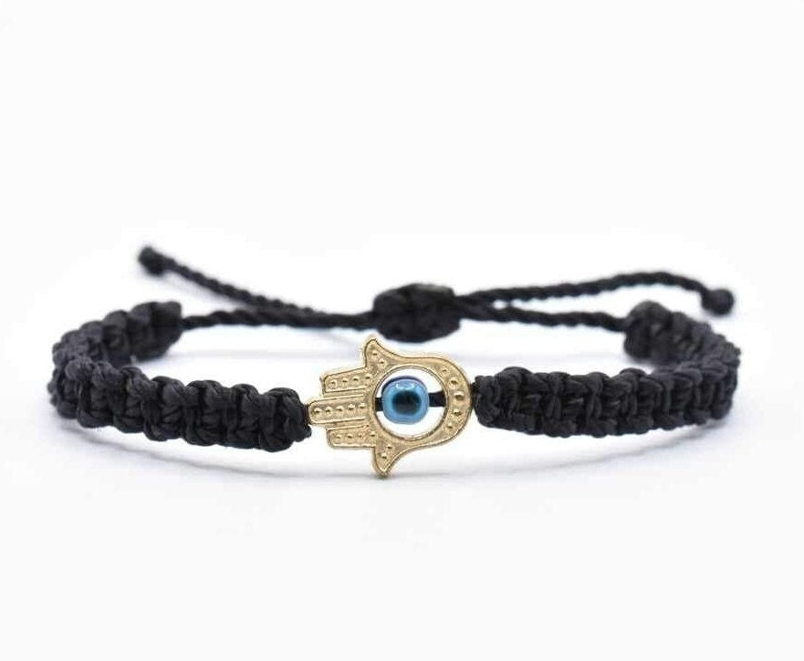 Hamsa hand bracelet with an evil eye for protection & good luck, braided black string wristband with a gold color hamsa hand adjustable