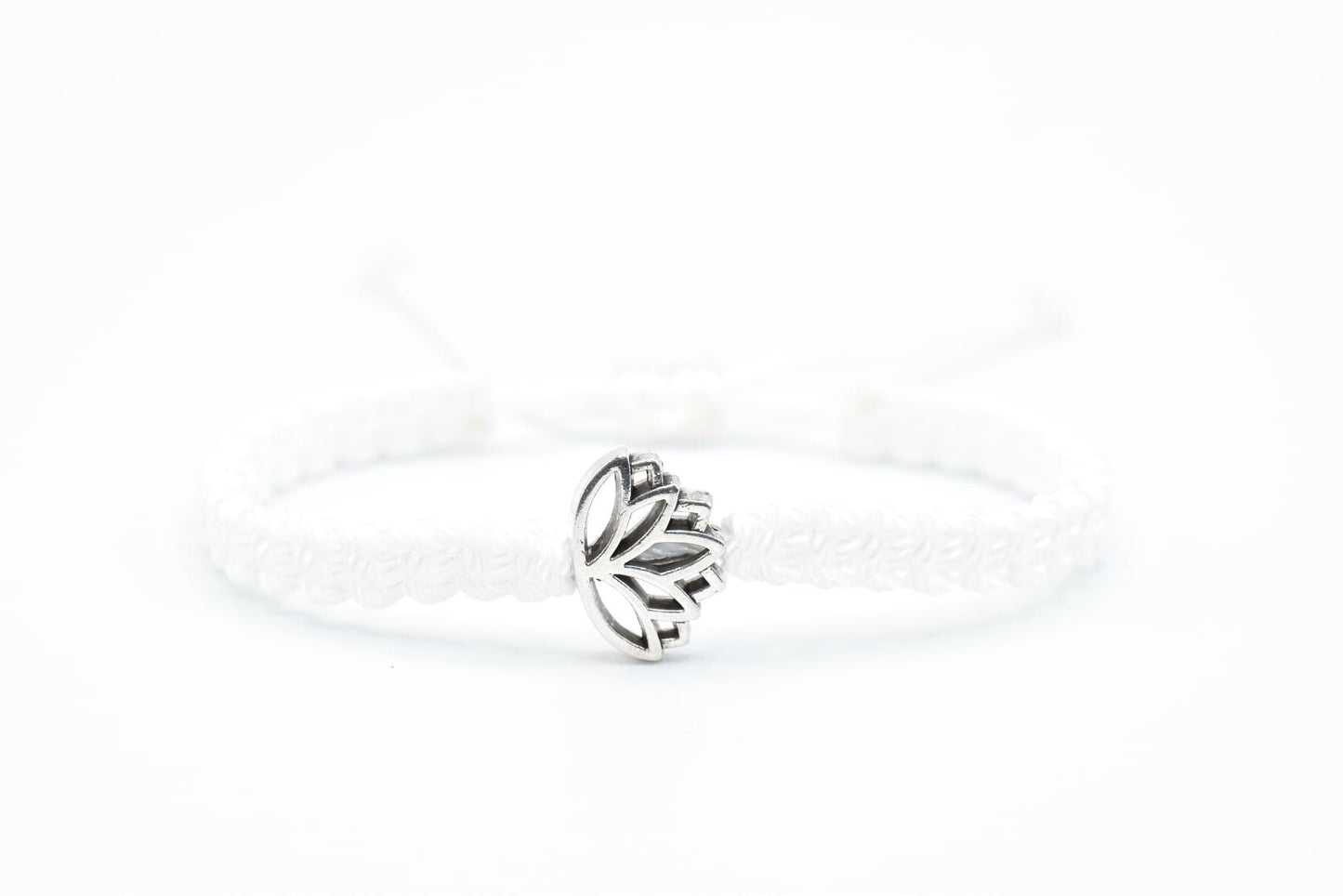 Lotus flower bracelet, white string braided bracelet silver color lotus flower charm, new, white lotus wristband,adjustable for man & woman