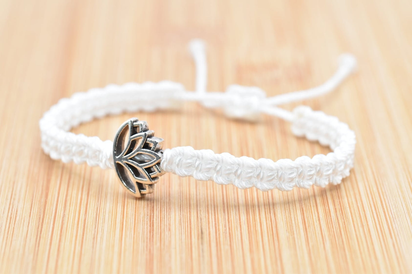 Lotus flower bracelet, white string braided bracelet silver color lotus flower charm, new, white lotus wristband,adjustable for man & woman