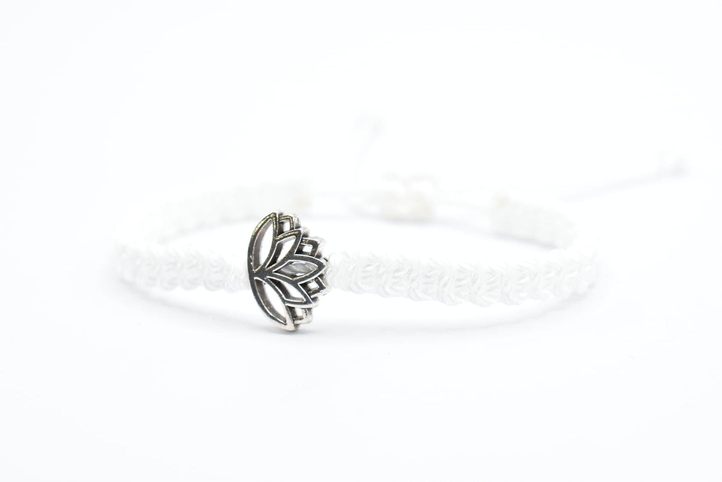 Lotus flower bracelet, white string braided bracelet silver color lotus flower charm, new, white lotus wristband,adjustable for man & woman