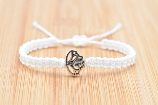 Lotus flower bracelet, white string braided bracelet silver color lotus flower charm, new, white lotus wristband,adjustable for man & woman