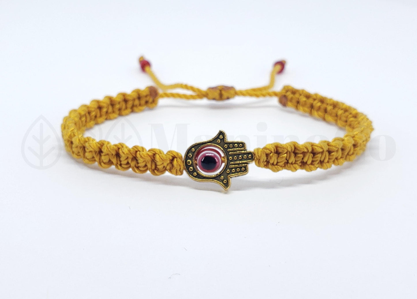 Hamsa Hand bracelet with an evil eye for protection and good luck, braided gold string wristband with a gold color hamsa hand, adjustable