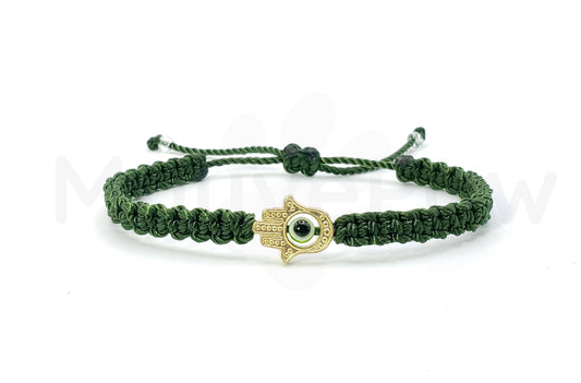 Hamsa Hand bracelet with an evil eye for protection and good luck, braided green string with a gold color hamsa hand, for man & woman