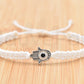 Hamsa Hand white bracelet with an evil eye for protection & good luck braided white string wristband with a silver color hamsa hand